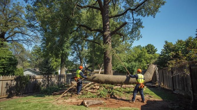 Two arborists in safety gear use ropes to guide a large fallen tree limb in a residential backyard.