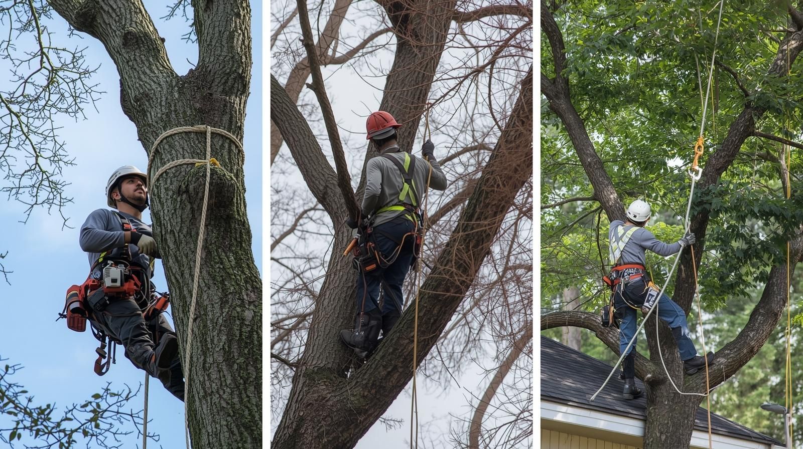 Three vertical panels show professional arborists in safety gear and harnesses climbing large trees using ropes and rigging.