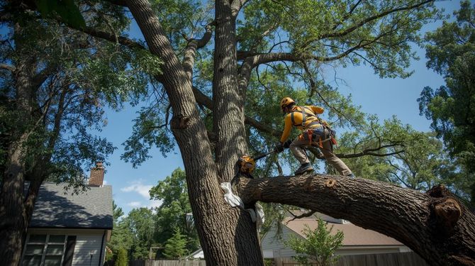 An arborist in a safety harness and helmet uses a chainsaw to prune a large tree limb above a residential house.