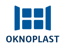 Logo OknoPlast blu: finestra stilizzata con persiane aperte sopra il nome dell'azienda in blu scuro.