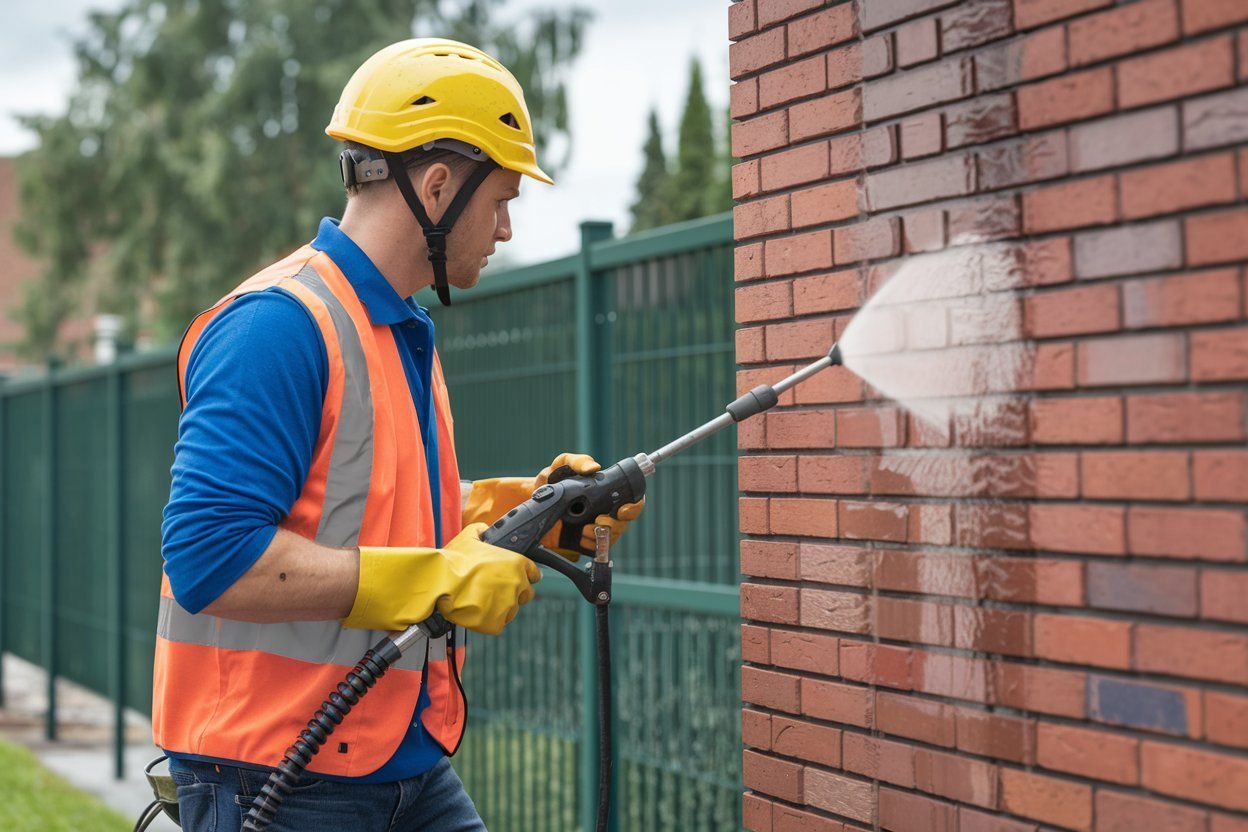 A man is using a high pressure washer to clean a wooden deck.