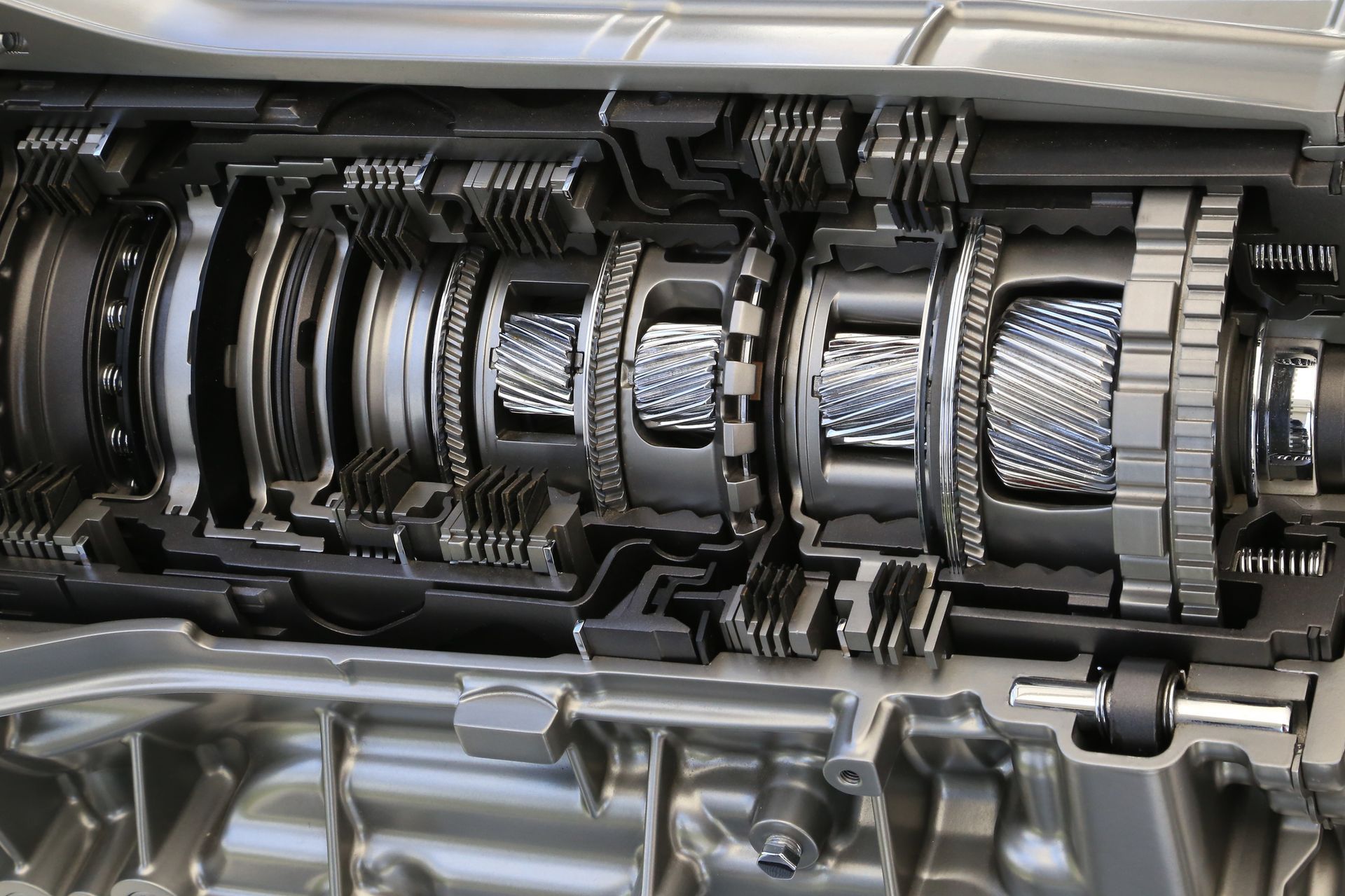 Close-up of a motor vehicle gearbox transmission.