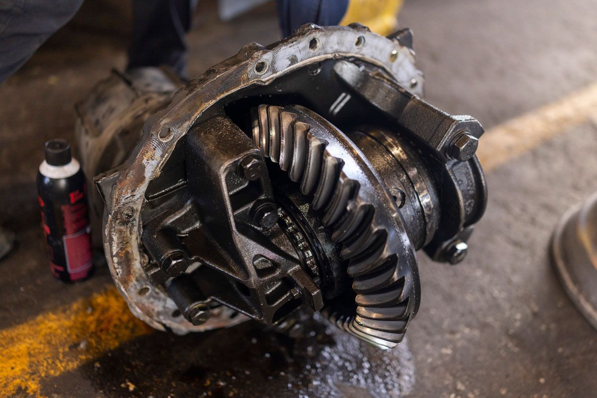 Open automotive differential gear assembly.