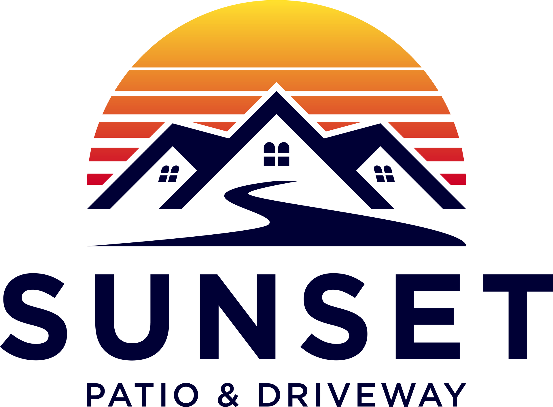 The logo for sunset patio and driveway shows a sunset with mountains in the background.