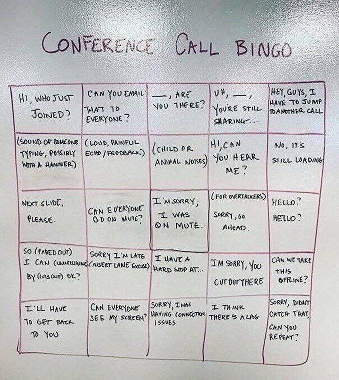 Conference Call Bingo board with phrases to match during a conference call