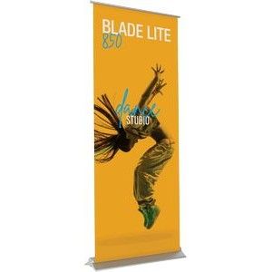 A roll up banner with a picture of a woman jumping in the air.