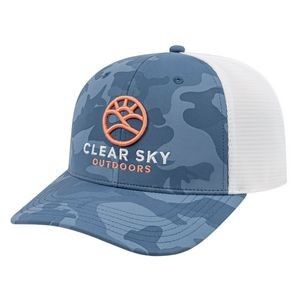 A blue and white trucker hat with a logo on it.