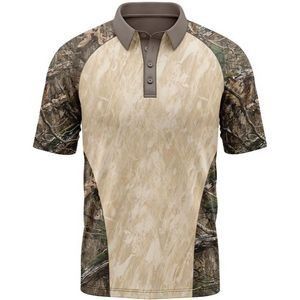 A polo shirt with a camouflage pattern on the sleeves and collar.