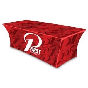A red table cloth that says first priority on it