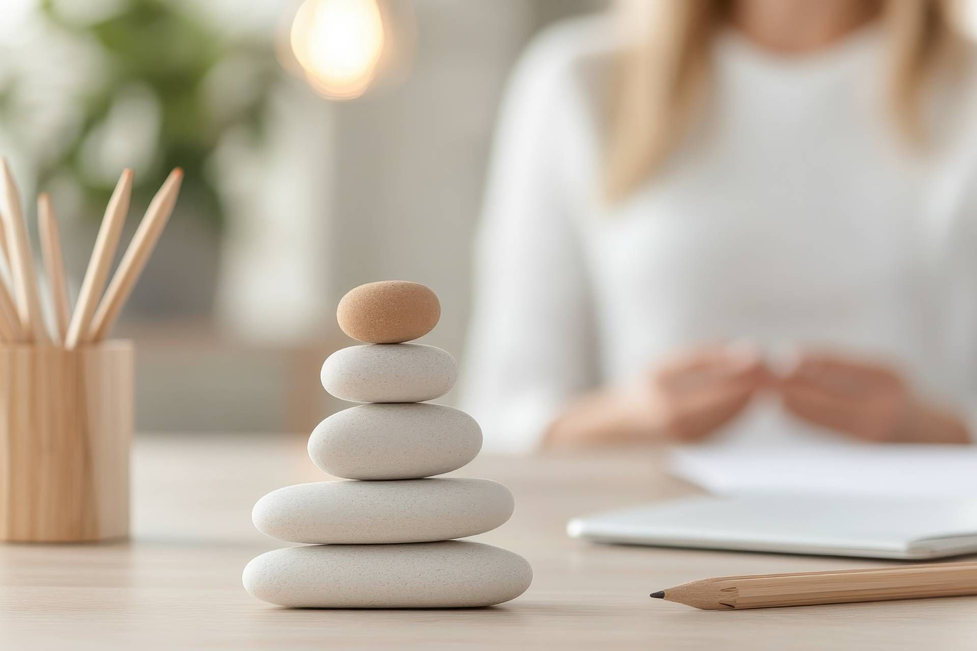 A balanced stack of rocks on a counselor desk, representing meditation services in Lexington, Kentucky (KY)