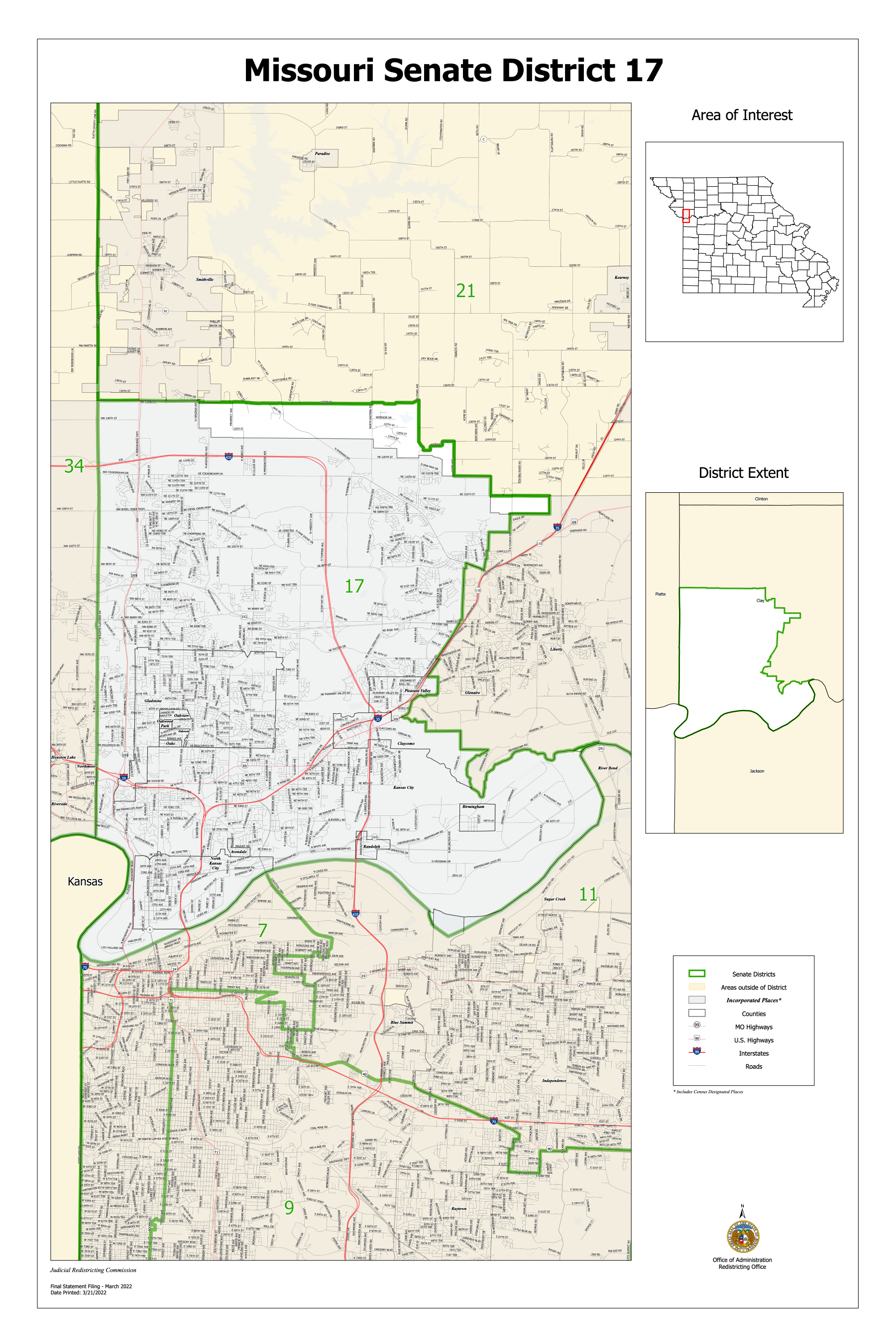 a map of missouri senate district 17 is shown on a white background .