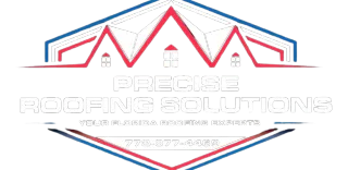 Logo for Precise Roofing Solutions featuring a red roofline icon, white text, and a phone number on a blue background.