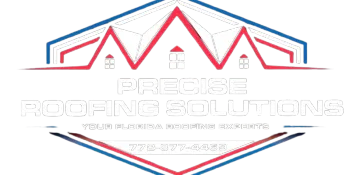 Logo for Precise Roofing Solutions featuring a red roofline icon, white text, and a phone number on a blue background.