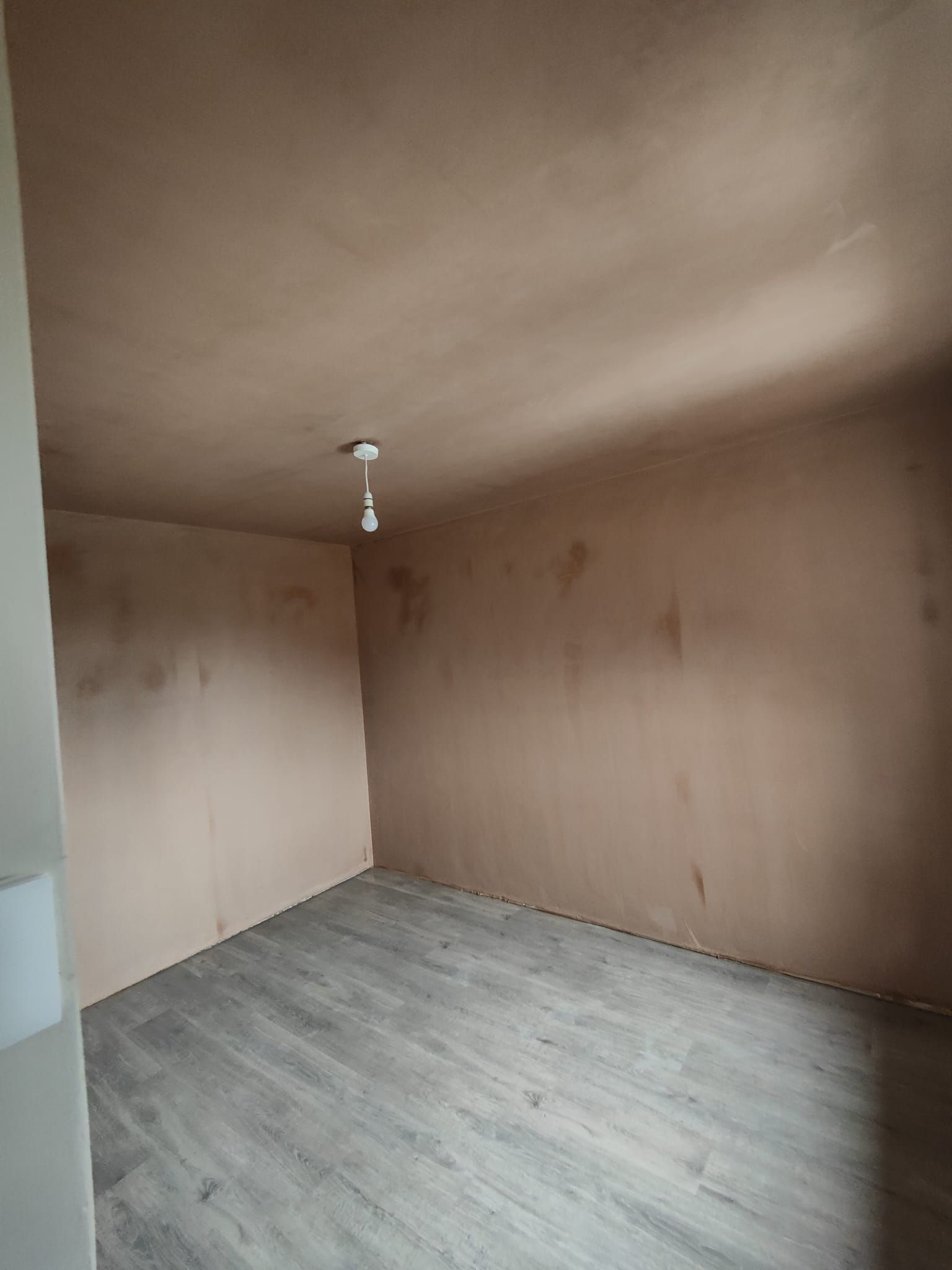 An empty room with a wooden floor and a light on the ceiling.