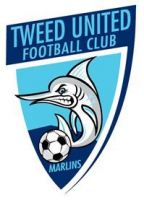 A logo for tweed united football club with a dolphin holding a soccer ball.