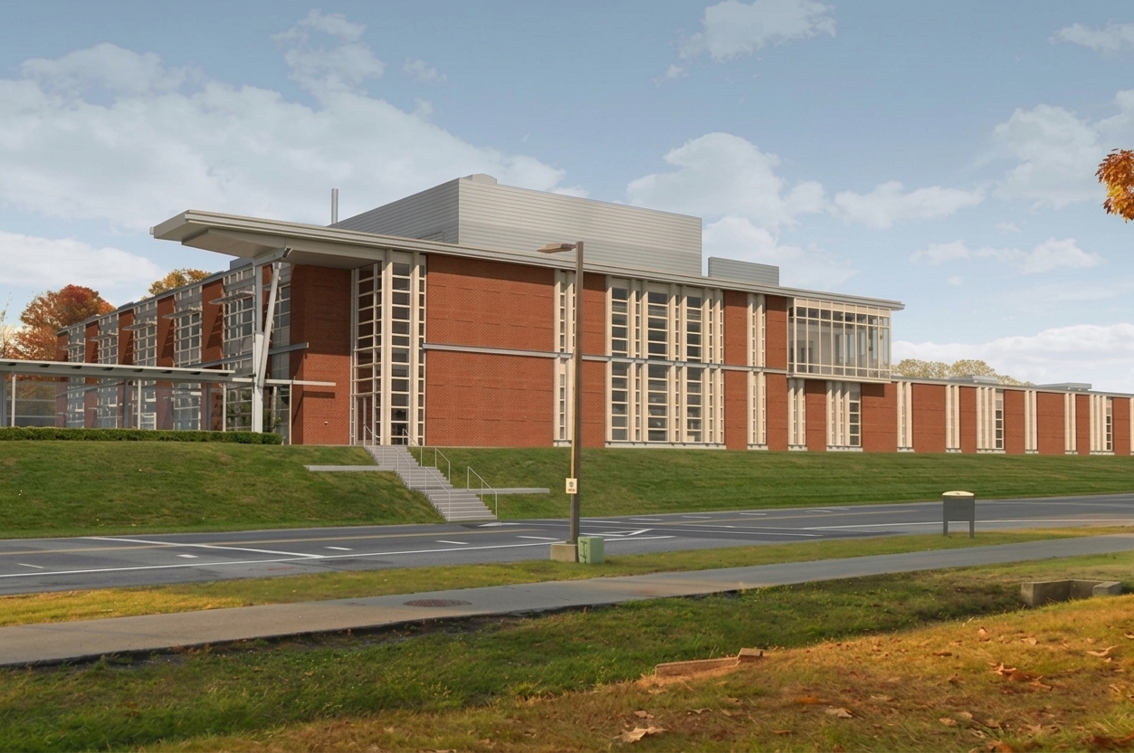 Modern brick building with a gray roof, grassy lawn, and road in front