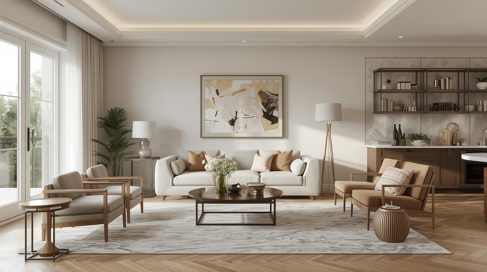 Bright modern living room with white sofa, wood furniture, neutral decor, and large windows
