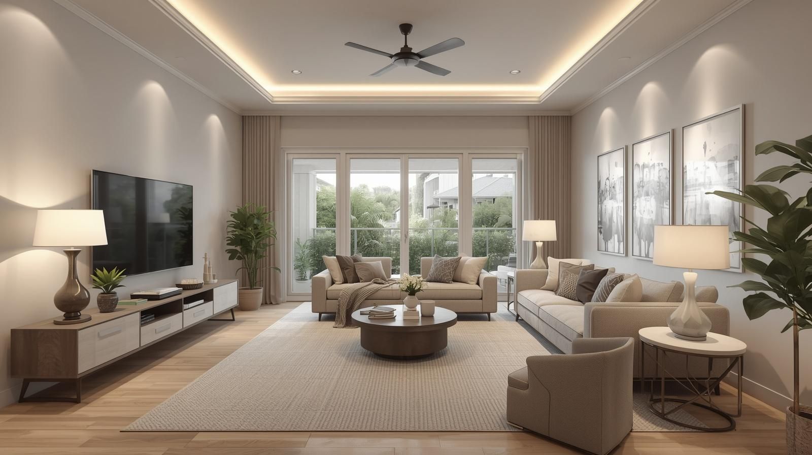 Bright modern living room with beige sofas, coffee table, TV, lamps, and large windows overlooking greenery