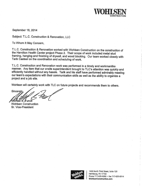 Signed letter on Wohlsen letterhead with typed text and handwritten signature at bottom.