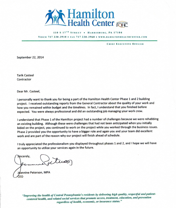 Hamilton Health Center letterhead document with handwritten signature and date at the bottom