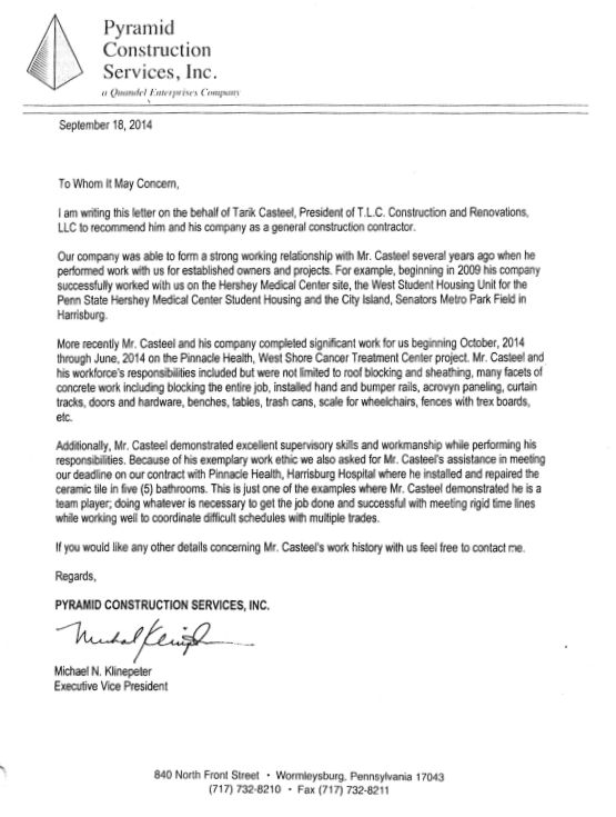 Scanned letter on Pyramid Construction Services, Inc. letterhead, dated September 30, 2024.