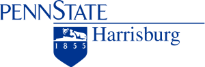 Penn State Harrisburg logo with blue text and shield emblem on white background