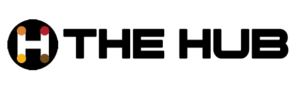 Logo reading “THE HUB” in black text with a circular black icon featuring colored dots.