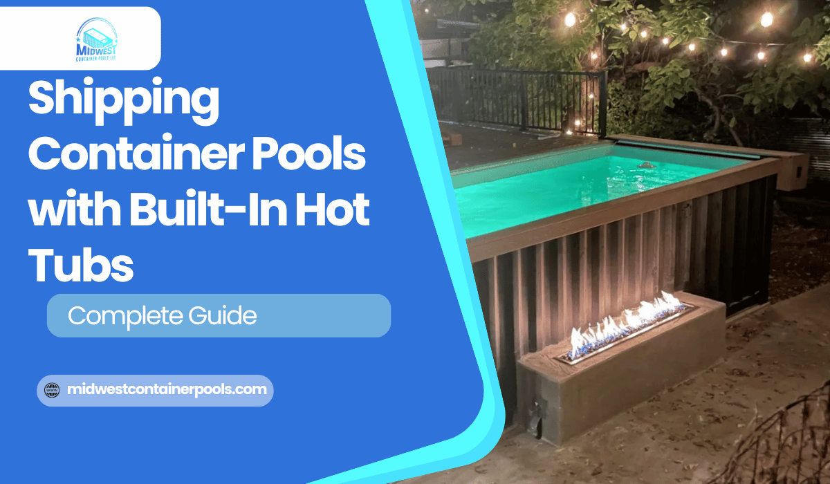 Shipping container pool with built-in hot tub, glowing green water, outdoor setting with fire feature and string lights.