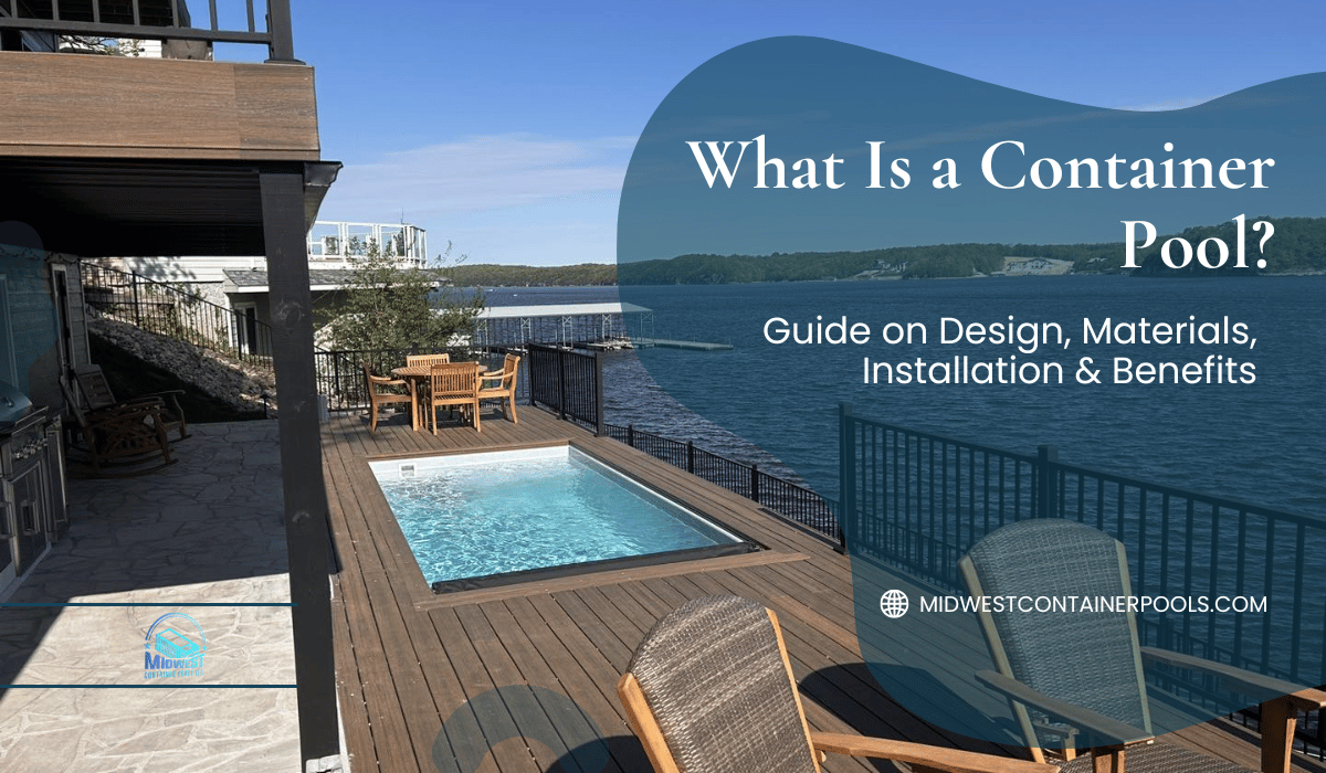 Container pool on deck overlooking water, with text: