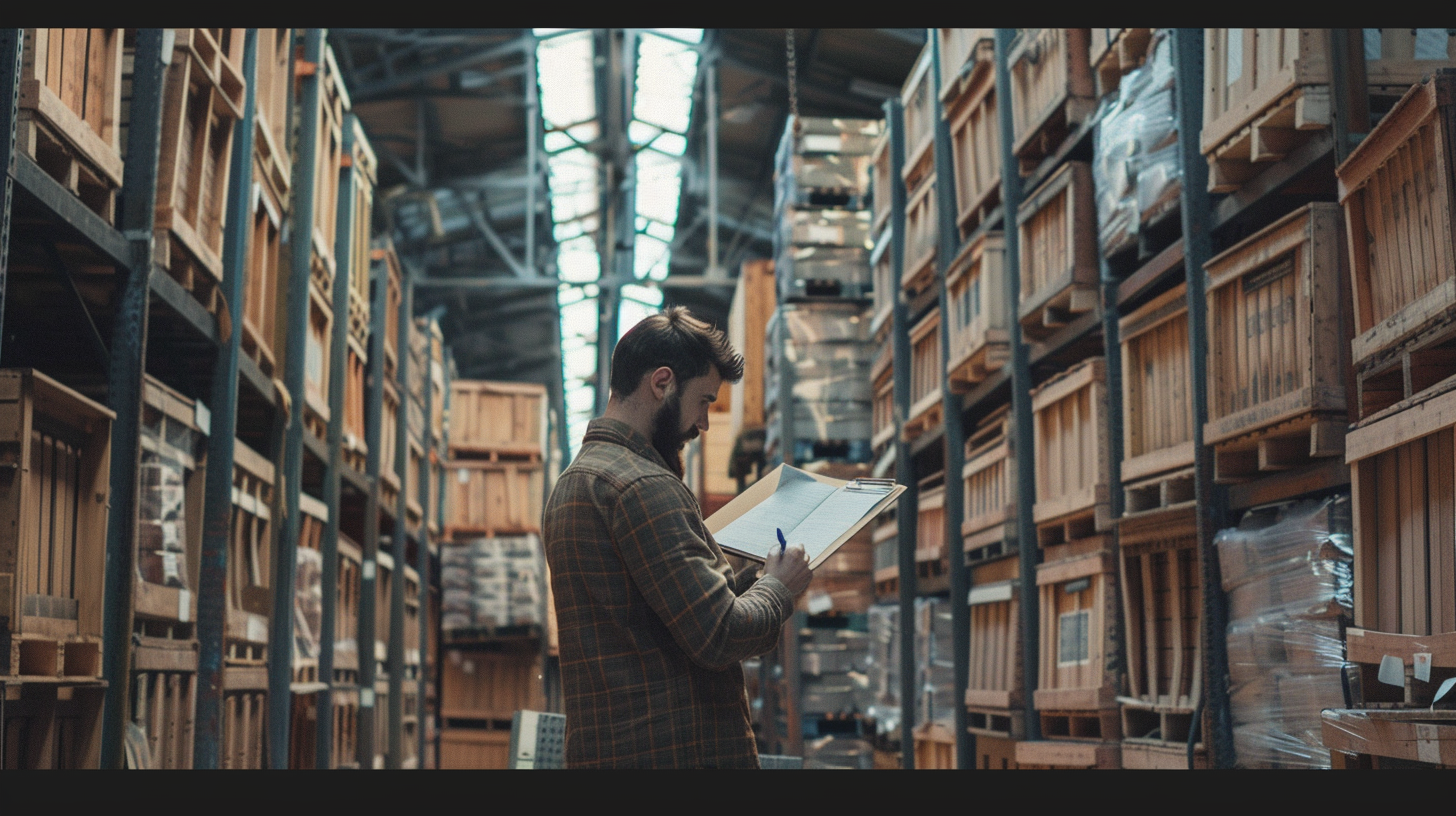 a man is standing in a warehouse looking at a clipboard .