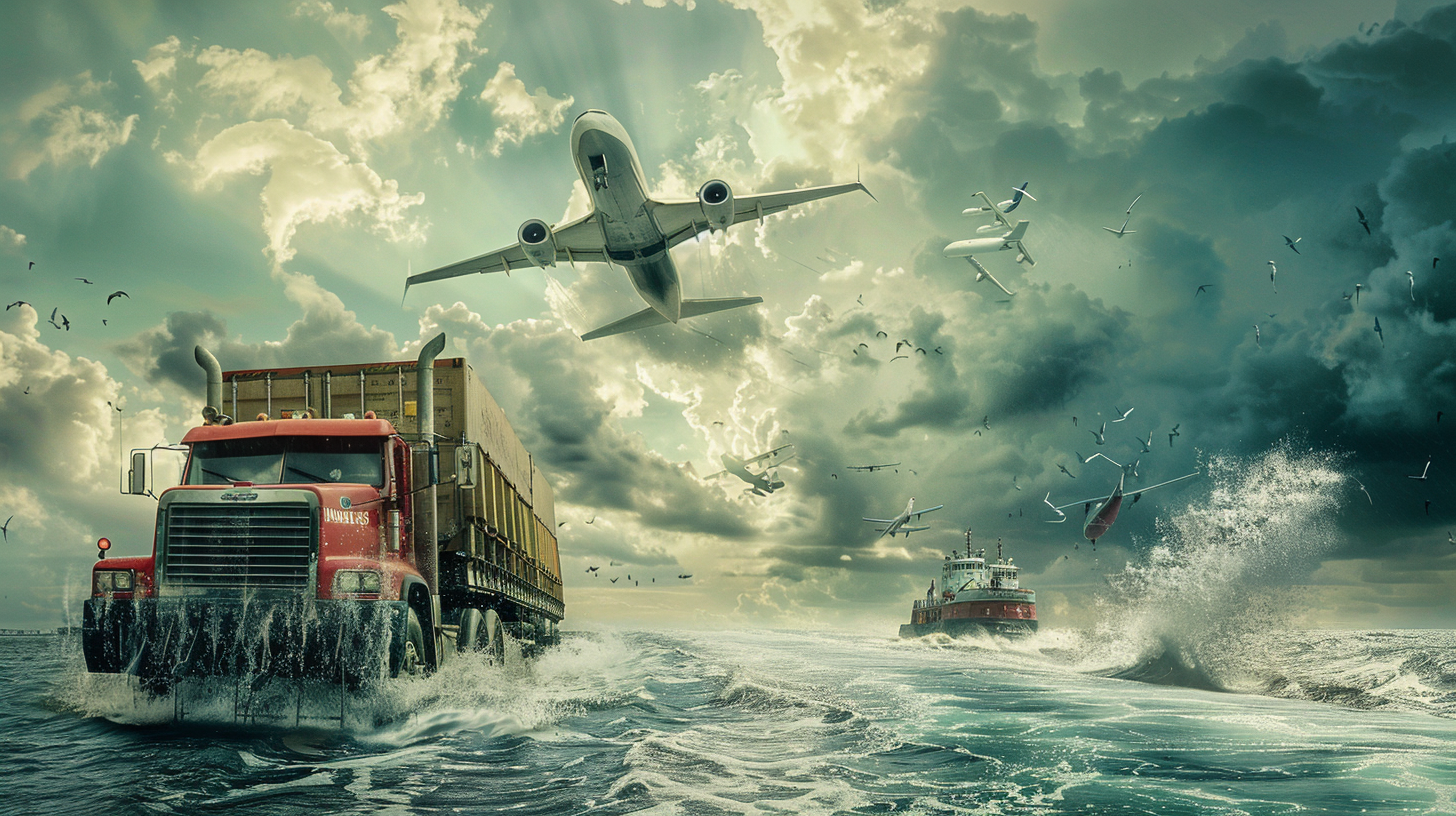 a cargo aeroplane is flying over a truck and a cargo boat in the ocean .
