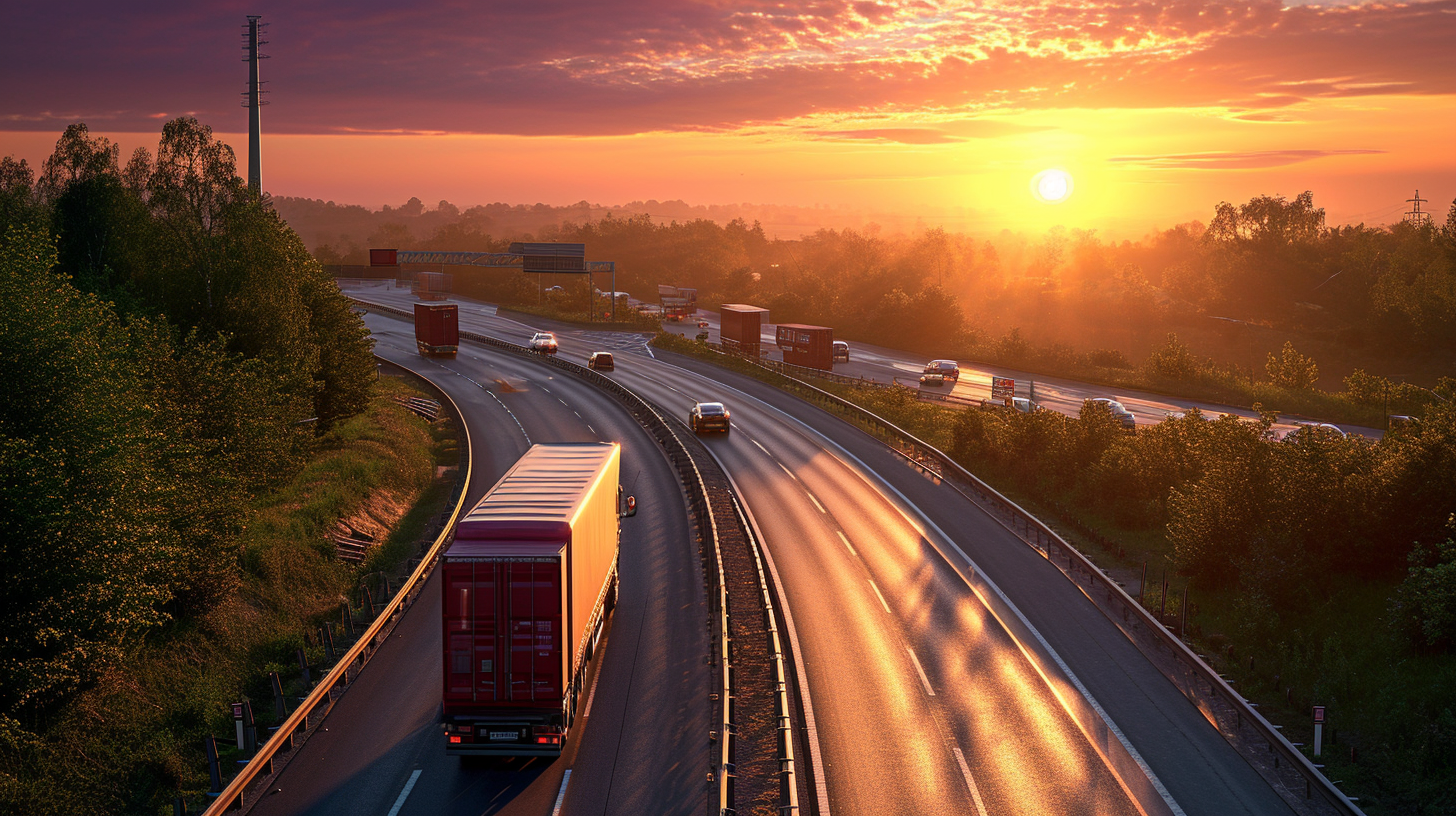 a truck is driving down a highway at sunset .
