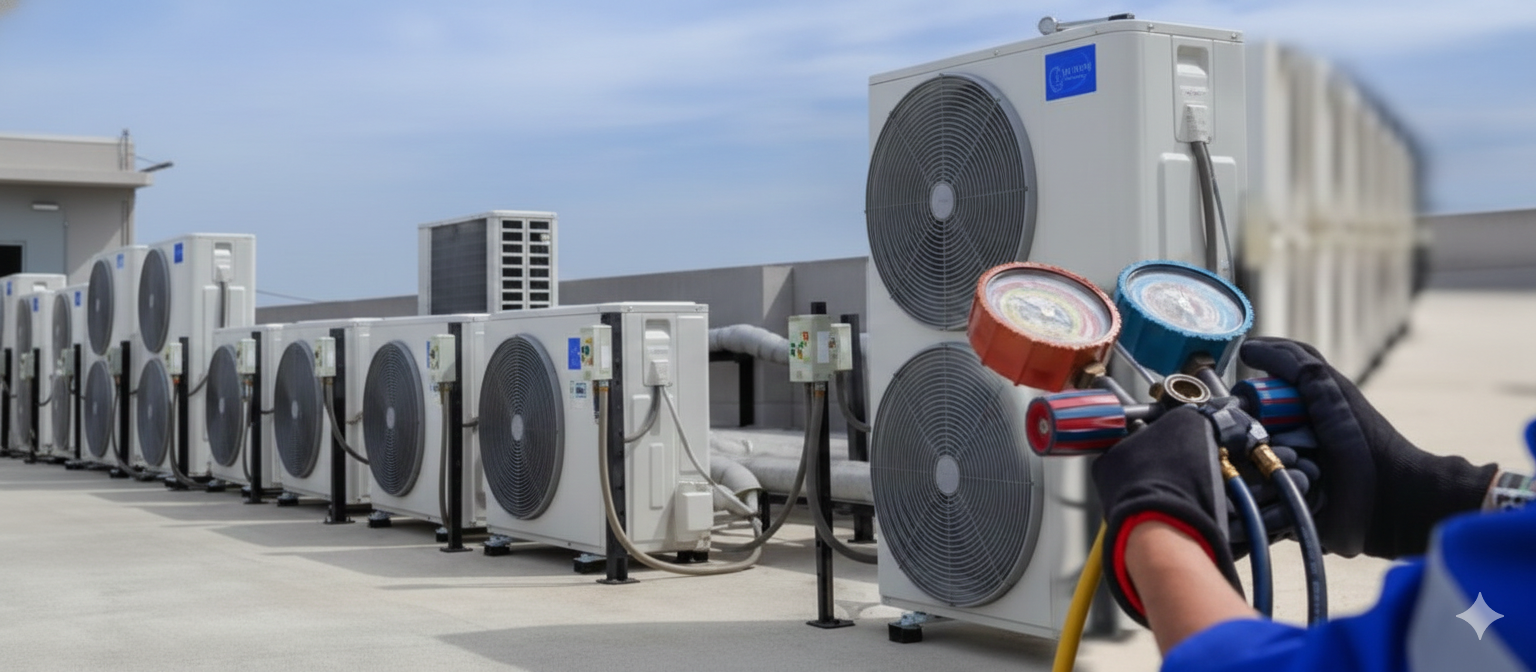HVAC technician servicing rooftop air conditioning units with gauges, on a sunny day.