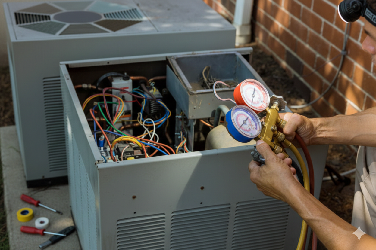 HVAC technician servicing an air conditioning unit outside, using gauges. Wires and components are visible.