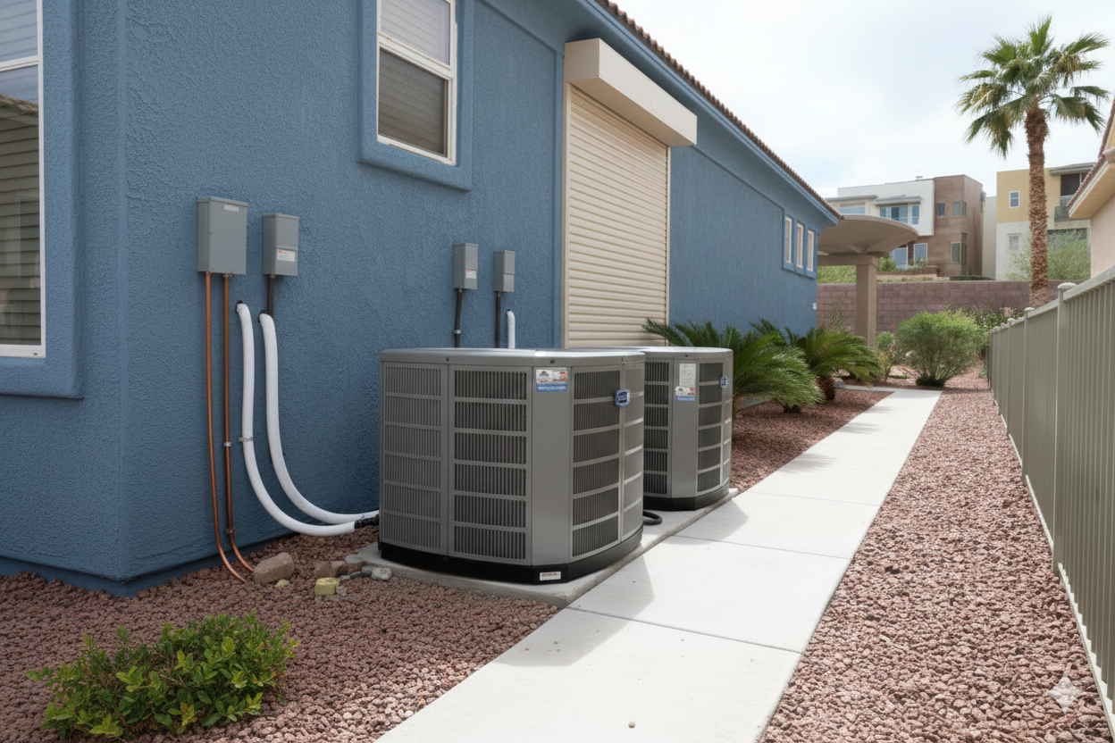 Two air conditioning units against a blue house with conduit and electrical boxes.