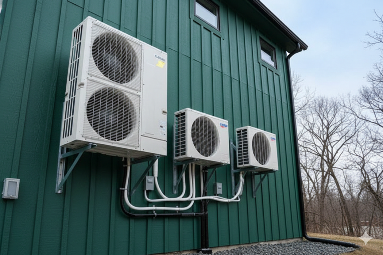 White HVAC units mounted on a green building exterior.