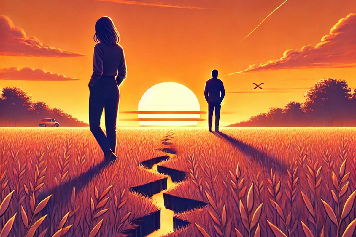 A man and a woman are standing in a field at sunset.