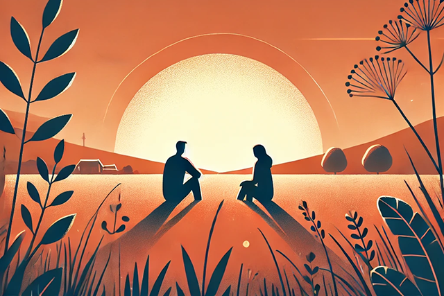 A man and a woman are sitting next to each other in a field at sunset.