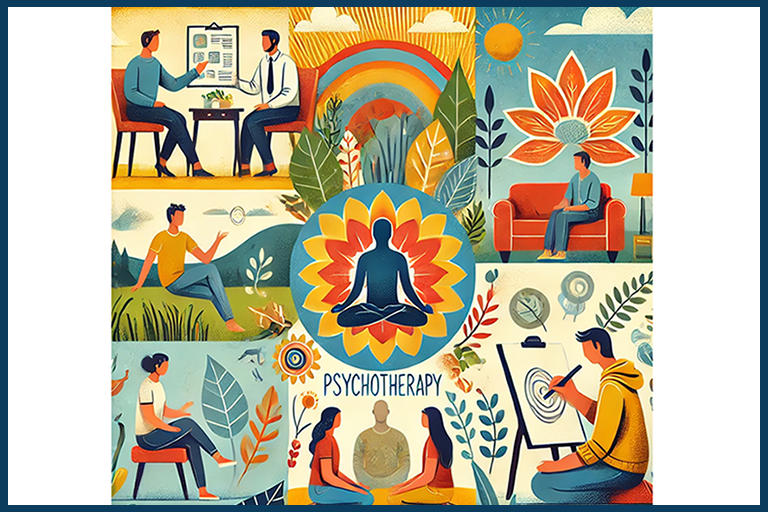 A collage of illustrations of people doing different activities in a therapy session.