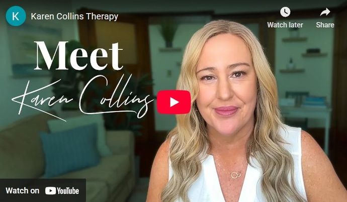 A woman with blonde hair smiles, in front of text 