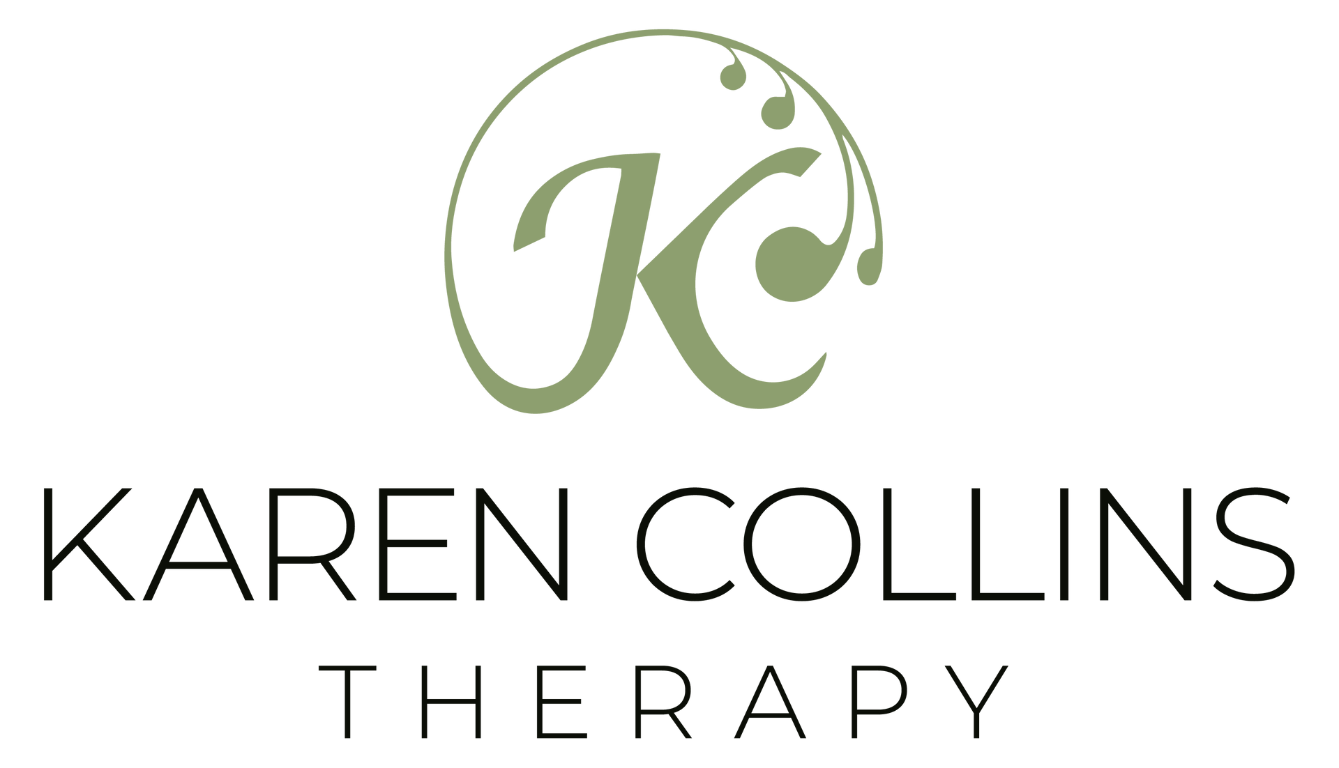 A logo for karen collins therapy with a green letter k on a white background.
