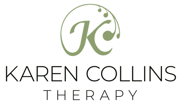 A logo for karen collins therapy with a green letter k on a white background.