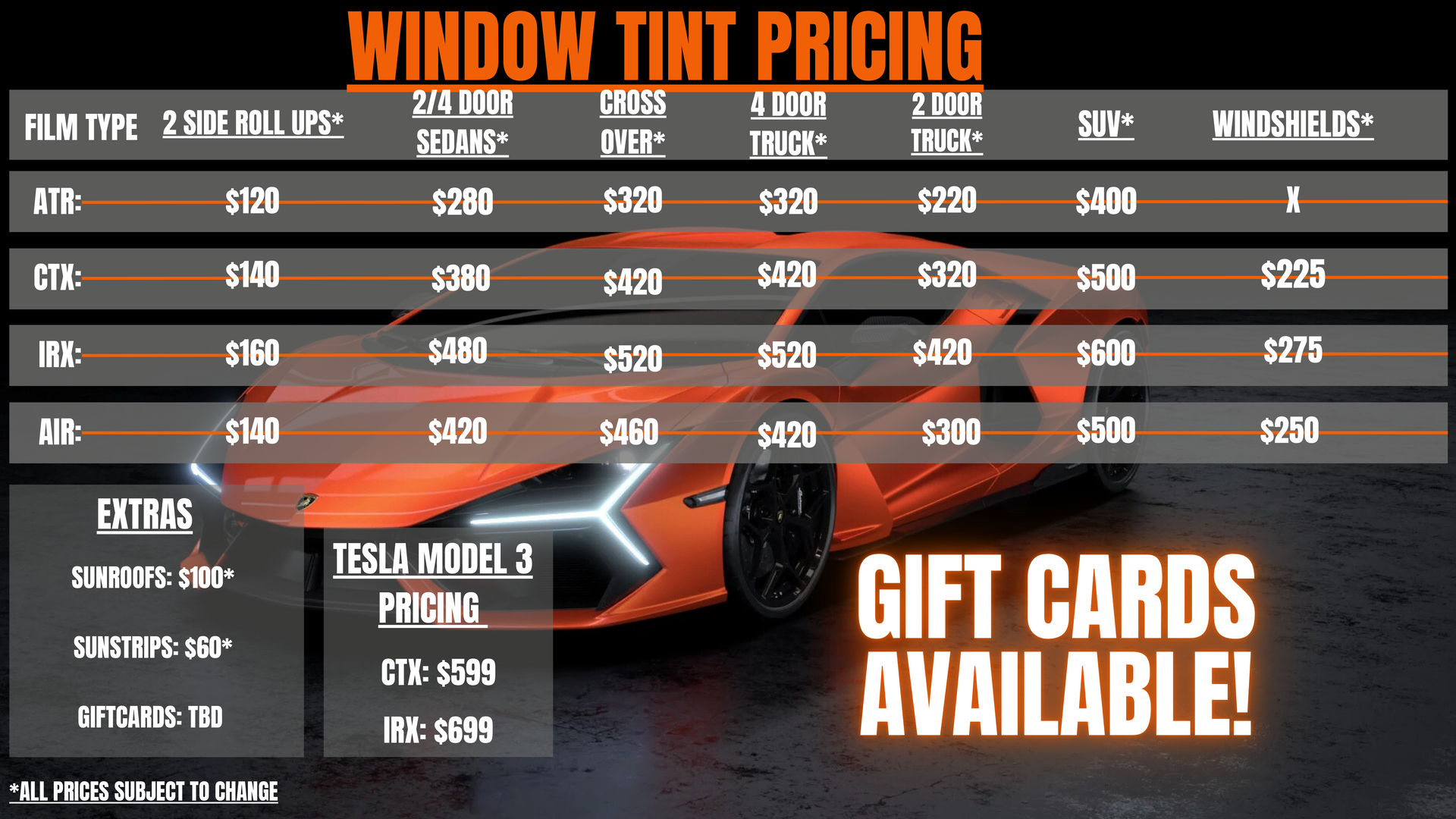 An advertisement for window tint pricing with gift cards available  | Murrieta, CA | Tintman