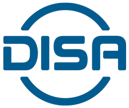 Blue DISA logo within a partial circle.