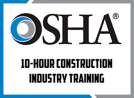 OSHA logo with text: 10-Hour Construction Industry Training. Blue and gray border.