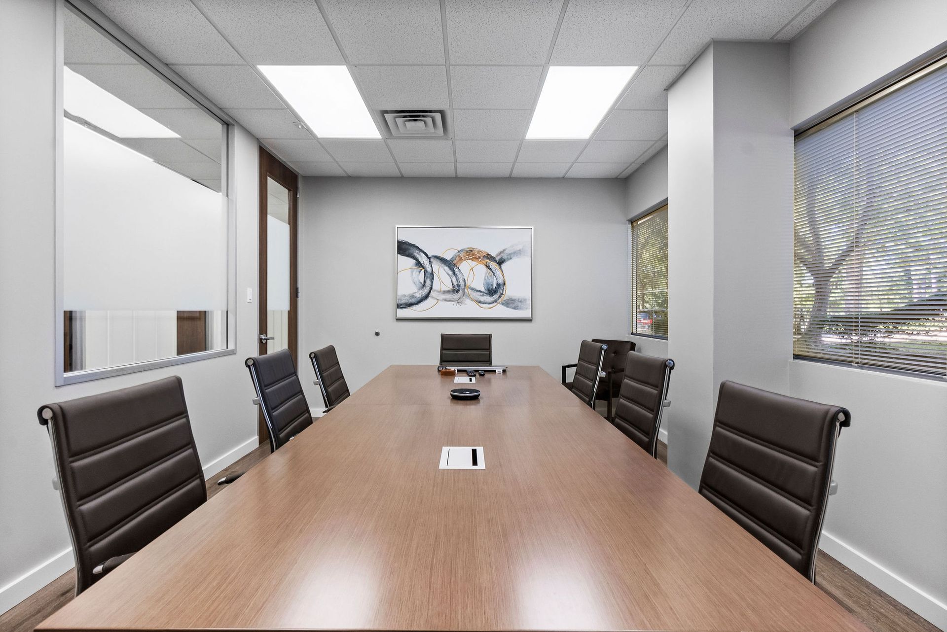 Conference room with long wooden table, leather chairs, art, and windows.