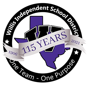 Willis ISD 115th anniversary logo: Texas outline in purple with black and white 