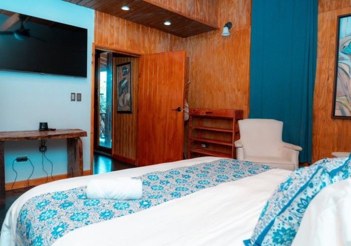 Bedroom with wooden walls, a bed with blue floral bedding, a TV, a desk, and a doorway leading outside.