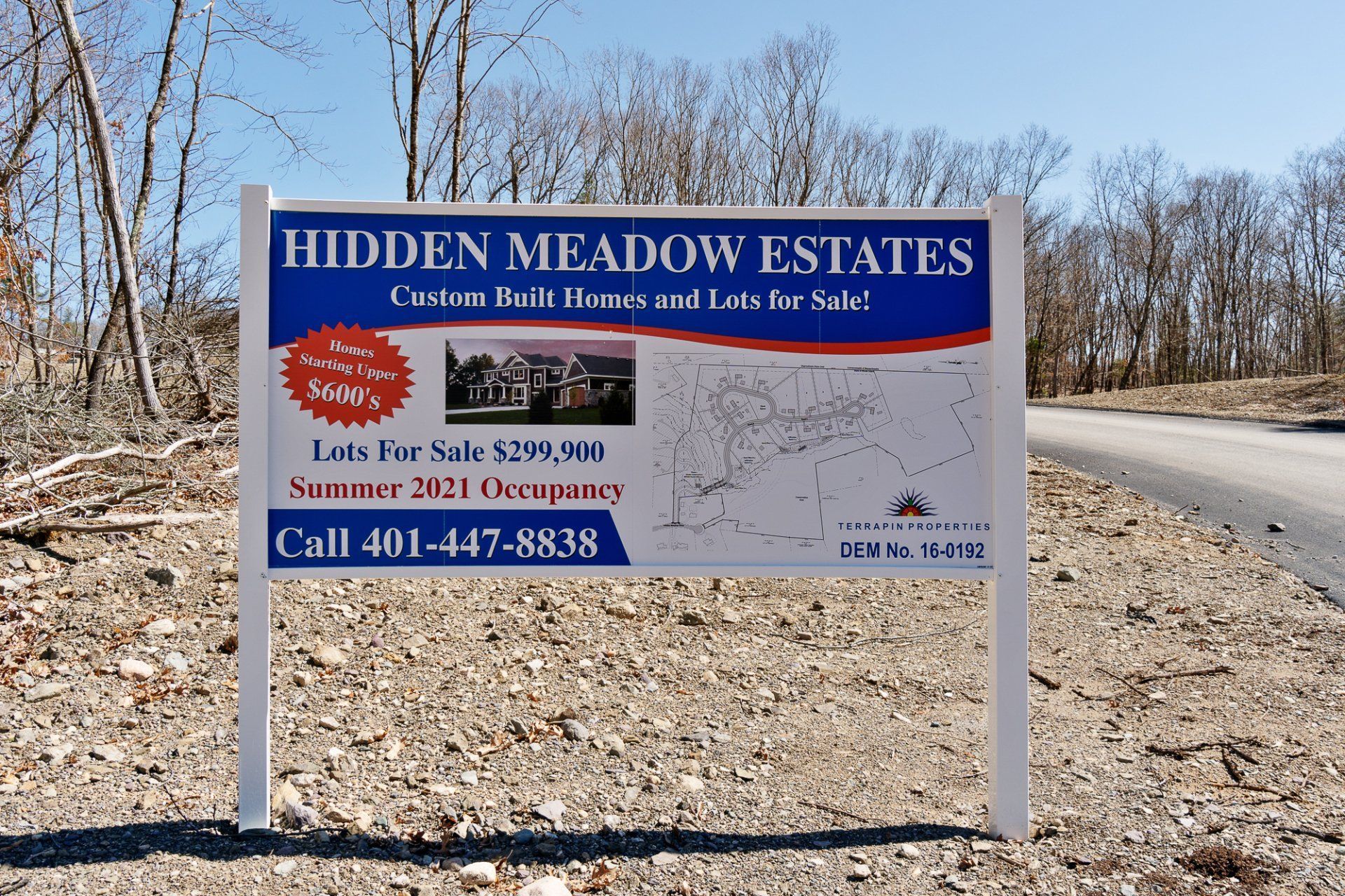 Sign for Hidden Meadow Estates with available lots for sale.