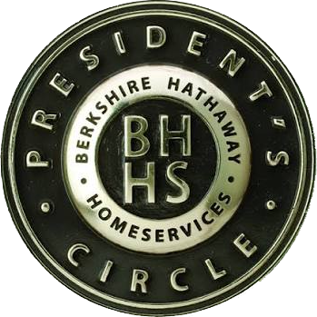 Berkshire Hathaway HomeServices President's Circle logo: Black and silver circular emblem with text and 